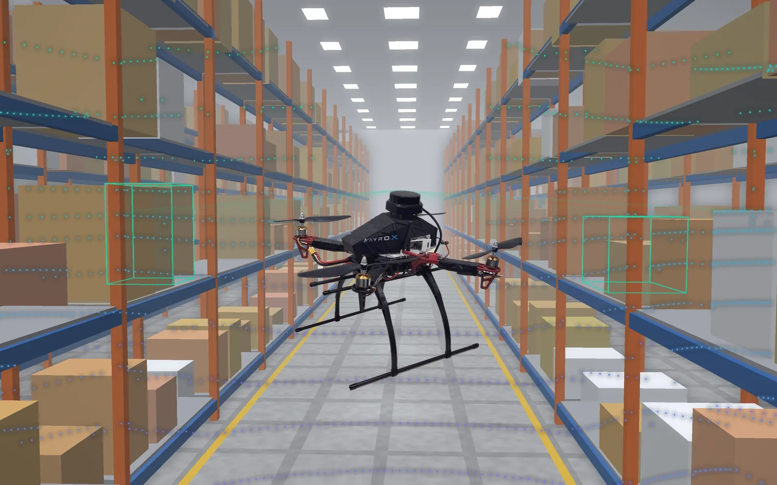 Simulated warehouse aisle: the AyroX drone flies an inspection pass while its lidar maps the racks and flags scanned stock