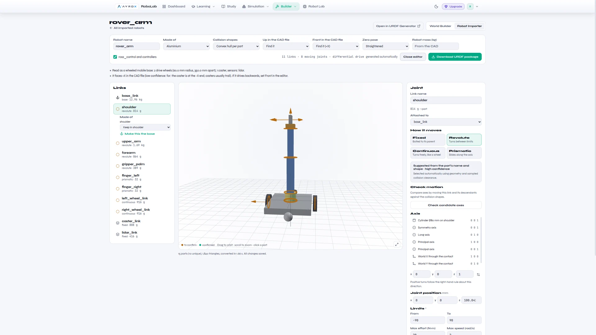 RoboLab URDF Builder with an AI-assisted robot design and its 3D preview