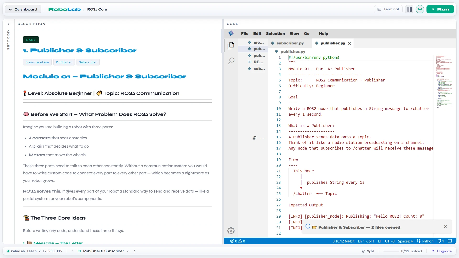 Actual RoboLab learning workspace with a ROS 2 publisher and subscriber lesson beside Python code in the browser IDE