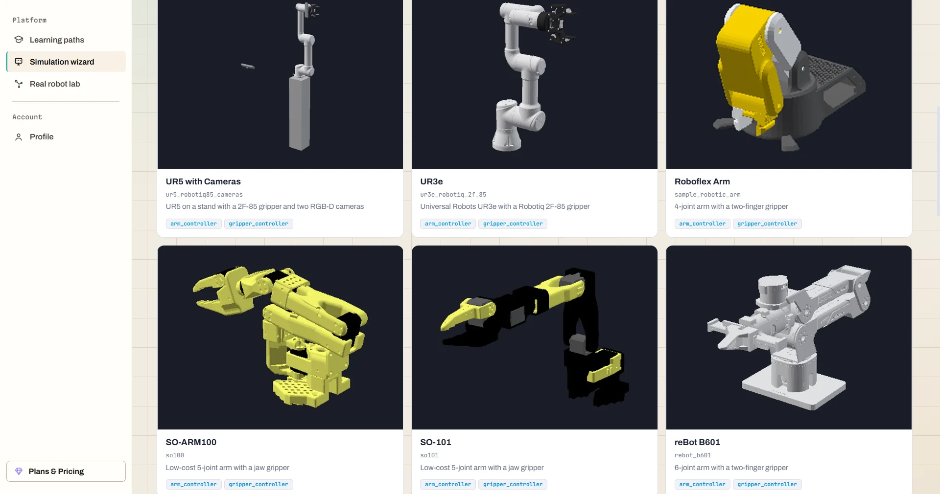 RoboLab robot model library showing a selection of industrial robotic arms
