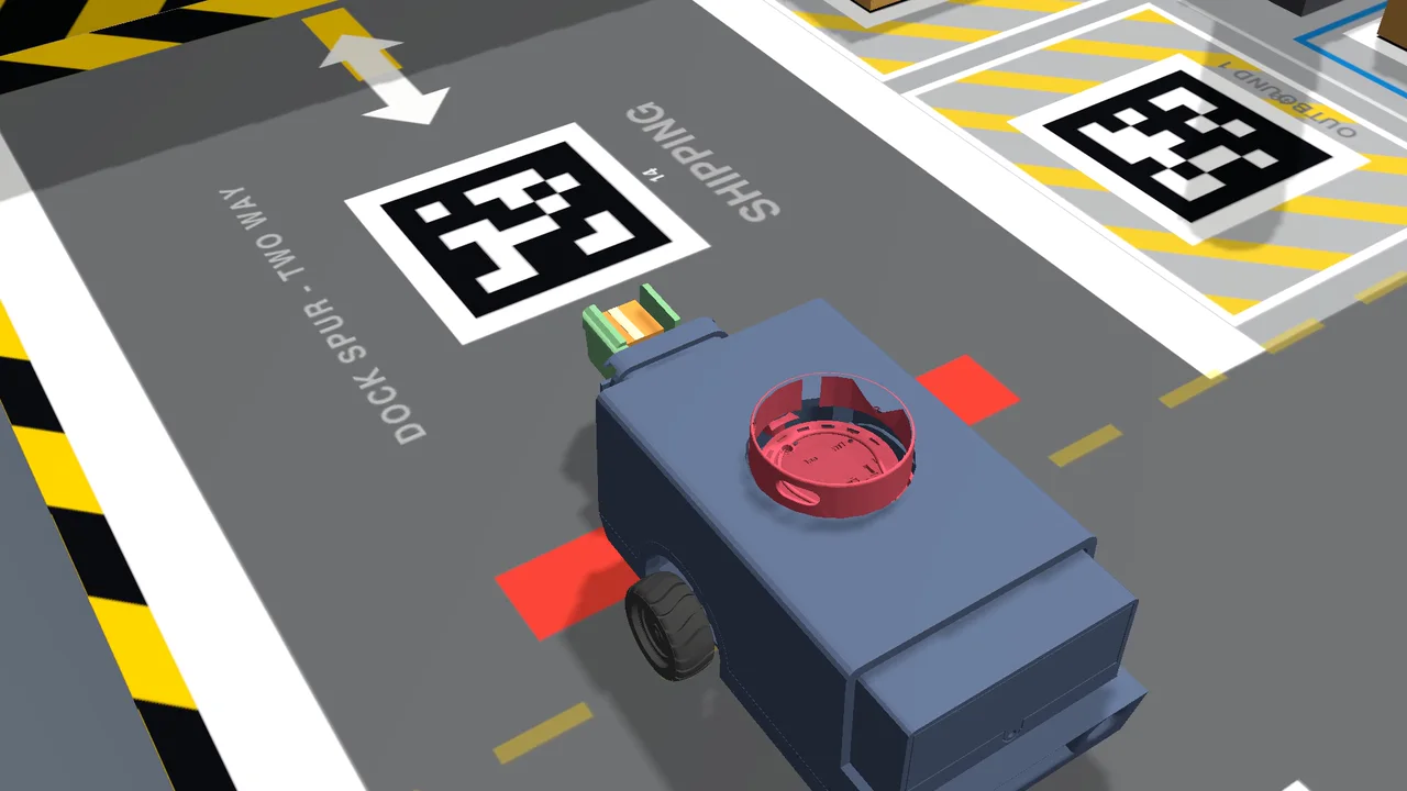 A simulated delivery robot navigating an outdoor environment