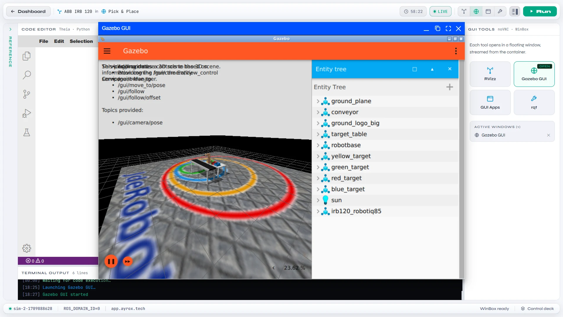 Actual RoboLab simulation workspace running a Gazebo robot simulation alongside development tools