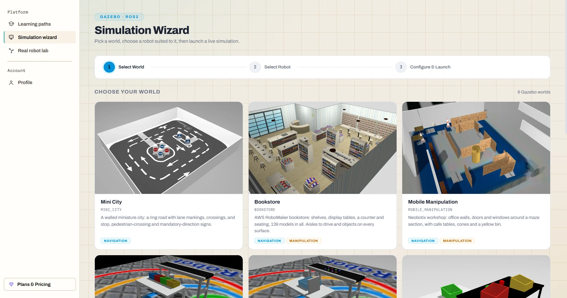 RoboLab world library with a test track, indoor environment, and warehouse simulation
