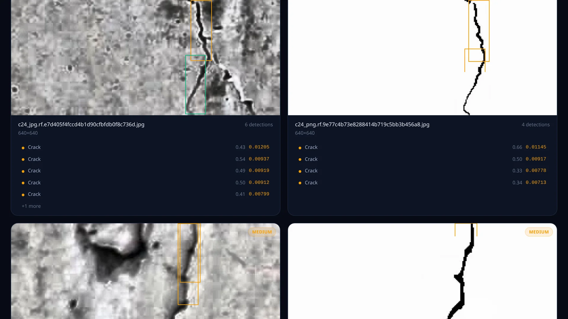 TwinVerse media panel showing photographs of cracked concrete with detection boxes drawn over each crack and per-detection confidence and severity scores listed beside them